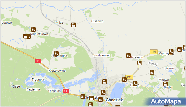 mapa Studzieniec gmina Chodzież, Studzieniec gmina Chodzież na mapie Targeo