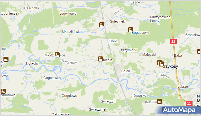mapa Sulęcin gmina Krzykosy, Sulęcin gmina Krzykosy na mapie Targeo