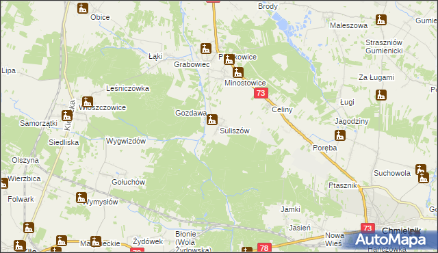 mapa Suliszów gmina Chmielnik, Suliszów gmina Chmielnik na mapie Targeo