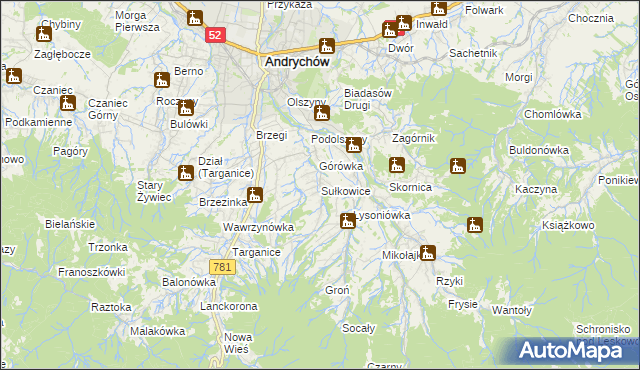 mapa Sułkowice gmina Andrychów, Sułkowice gmina Andrychów na mapie Targeo