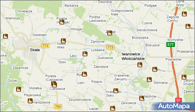 mapa Sułkowice gmina Iwanowice, Sułkowice gmina Iwanowice na mapie Targeo