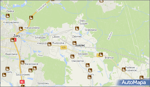 mapa Suszec powiat pszczyński, Suszec powiat pszczyński na mapie Targeo