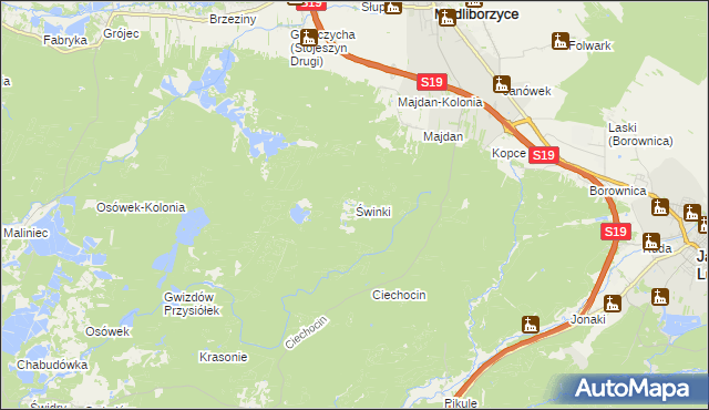 mapa Świnki gmina Modliborzyce, Świnki gmina Modliborzyce na mapie Targeo