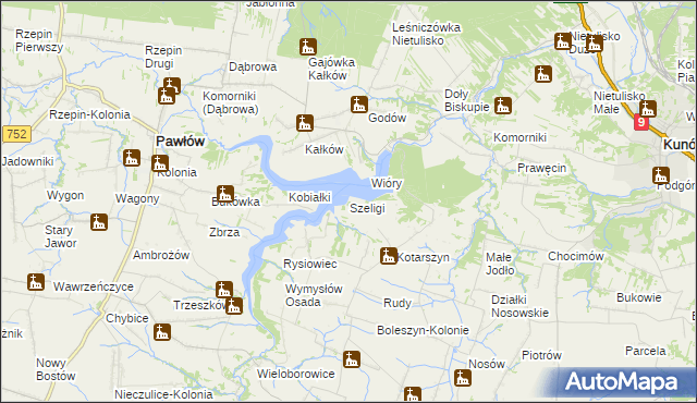 mapa Szeligi gmina Pawłów, Szeligi gmina Pawłów na mapie Targeo