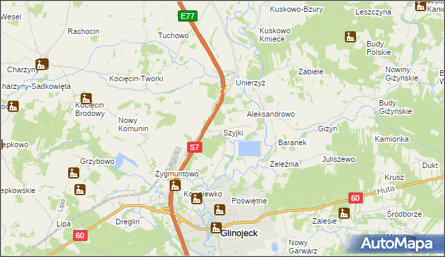 mapa Szyjki gmina Glinojeck, Szyjki gmina Glinojeck na mapie Targeo