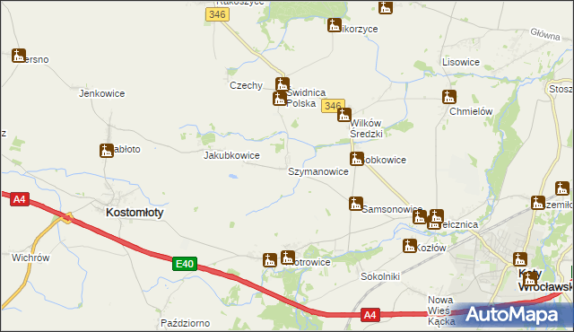 mapa Szymanowice gmina Kostomłoty, Szymanowice gmina Kostomłoty na mapie Targeo