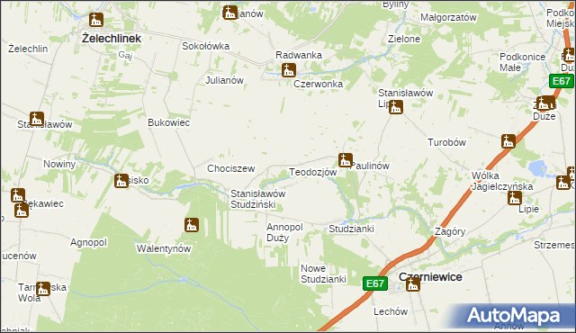 mapa Teodozjów gmina Czerniewice, Teodozjów gmina Czerniewice na mapie Targeo