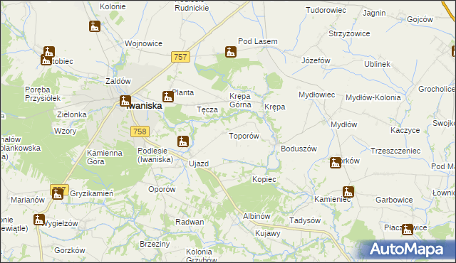 mapa Toporów gmina Iwaniska, Toporów gmina Iwaniska na mapie Targeo