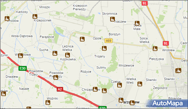 mapa Trojany gmina Parzęczew, Trojany gmina Parzęczew na mapie Targeo