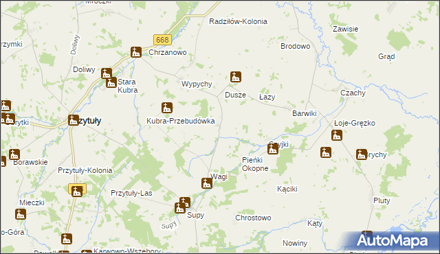 mapa Trzaski gmina Przytuły, Trzaski gmina Przytuły na mapie Targeo