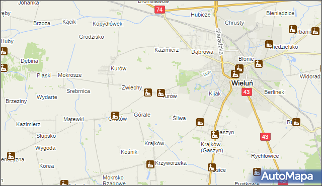 mapa Turów gmina Wieluń, Turów gmina Wieluń na mapie Targeo