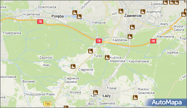 mapa Turza gmina Łazy, Turza gmina Łazy na mapie Targeo