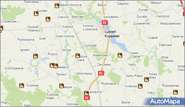 mapa Walentowo gmina Lubień Kujawski, Walentowo gmina Lubień Kujawski na mapie Targeo