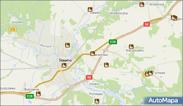 mapa Warszkowo gmina Sławno, Warszkowo gmina Sławno na mapie Targeo