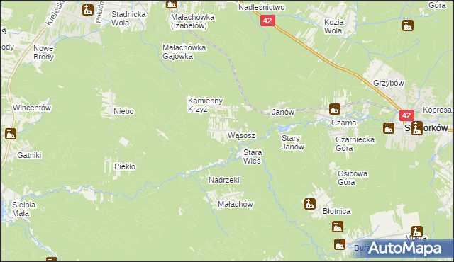 mapa Wąsosz gmina Końskie, Wąsosz gmina Końskie na mapie Targeo