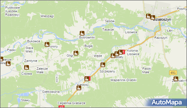 mapa Węże gmina Działoszyn, Węże gmina Działoszyn na mapie Targeo