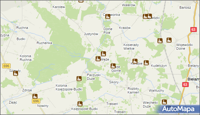 mapa Węże gmina Sokołów Podlaski, Węże gmina Sokołów Podlaski na mapie Targeo