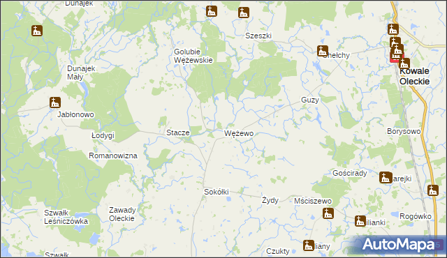 mapa Wężewo gmina Kowale Oleckie, Wężewo gmina Kowale Oleckie na mapie Targeo