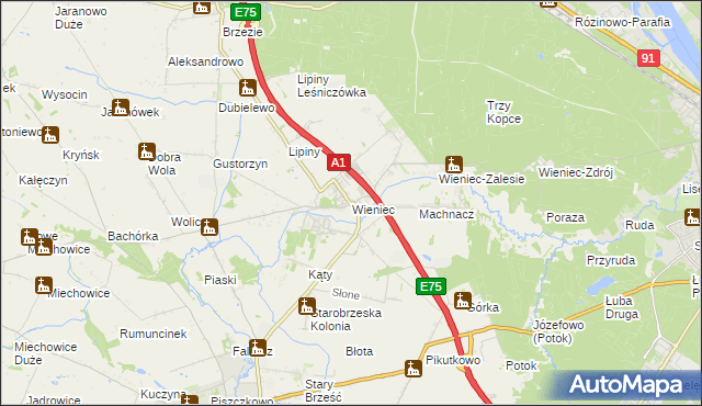 mapa Wieniec gmina Brześć Kujawski, Wieniec gmina Brześć Kujawski na mapie Targeo