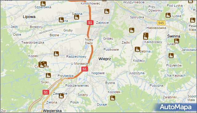 mapa Wieprz gmina Radziechowy-Wieprz, Wieprz gmina Radziechowy-Wieprz na mapie Targeo
