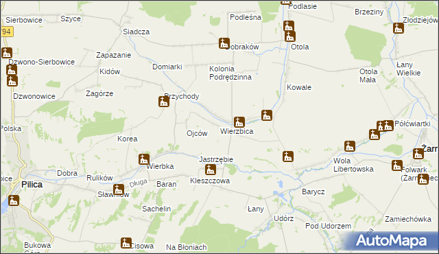 mapa Wierzbica gmina Pilica, Wierzbica gmina Pilica na mapie Targeo