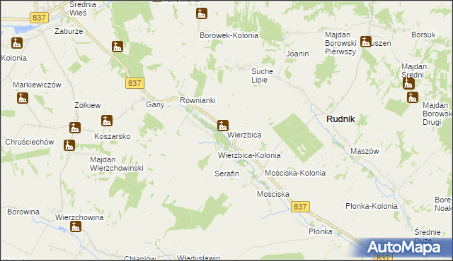 mapa Wierzbica gmina Rudnik, Wierzbica gmina Rudnik na mapie Targeo