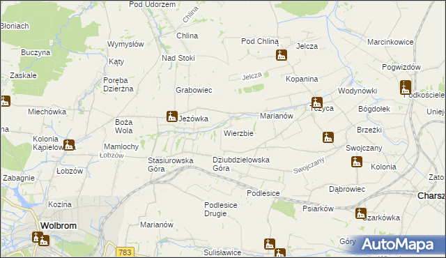mapa Wierzbie gmina Charsznica, Wierzbie gmina Charsznica na mapie Targeo