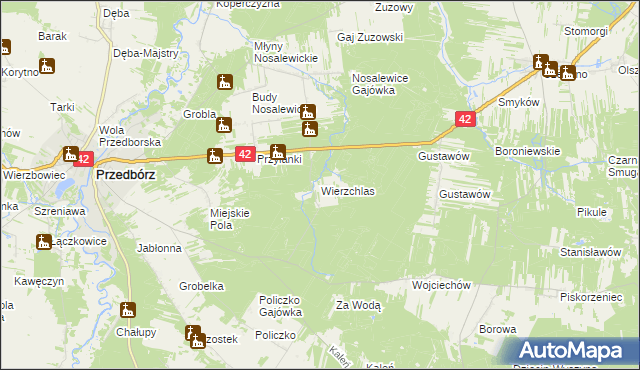 mapa Wierzchlas gmina Przedbórz, Wierzchlas gmina Przedbórz na mapie Targeo
