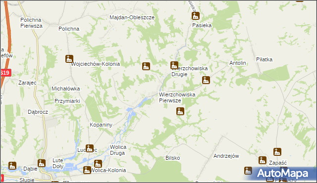 mapa Wierzchowiska Pierwsze gmina Modliborzyce, Wierzchowiska Pierwsze gmina Modliborzyce na mapie Targeo