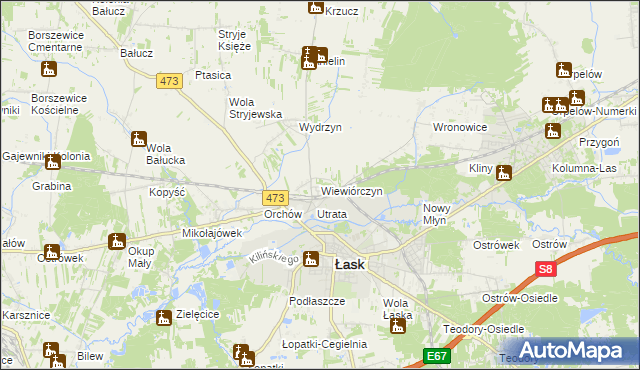 mapa Wiewiórczyn gmina Łask, Wiewiórczyn gmina Łask na mapie Targeo