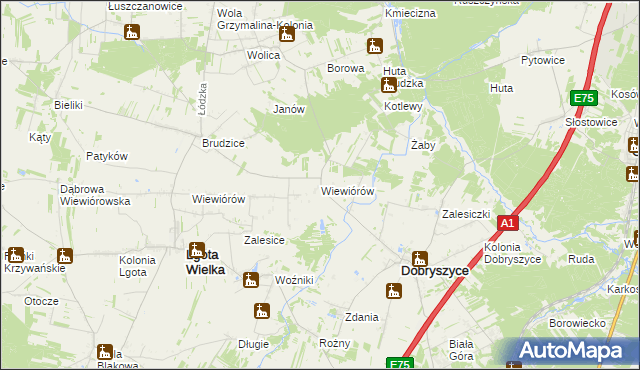mapa Wiewiórów gmina Dobryszyce, Wiewiórów gmina Dobryszyce na mapie Targeo