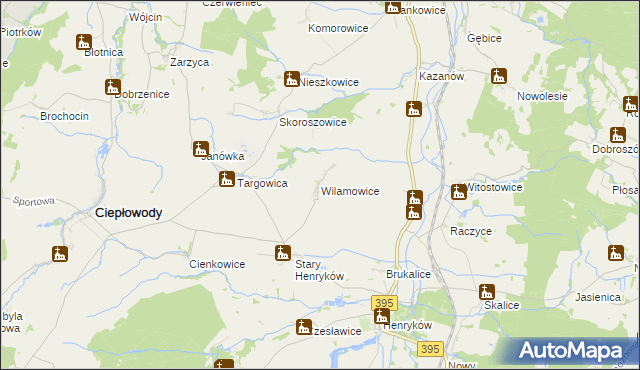 mapa Wilamowice gmina Ciepłowody, Wilamowice gmina Ciepłowody na mapie Targeo