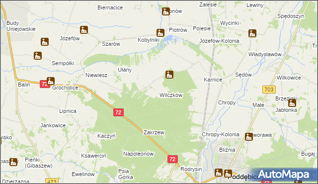 mapa Wilczków gmina Poddębice, Wilczków gmina Poddębice na mapie Targeo