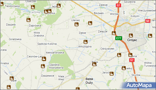 mapa Wilczogóra gmina Belsk Duży, Wilczogóra gmina Belsk Duży na mapie Targeo