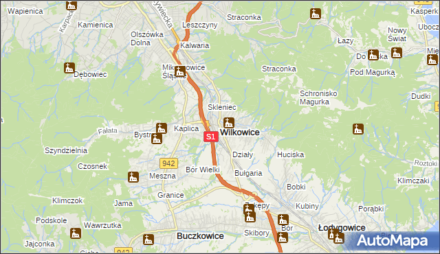 mapa Wilkowice powiat bielski, Wilkowice powiat bielski na mapie Targeo