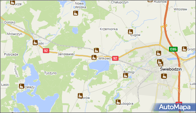 mapa Wilkowo gmina Świebodzin, Wilkowo gmina Świebodzin na mapie Targeo