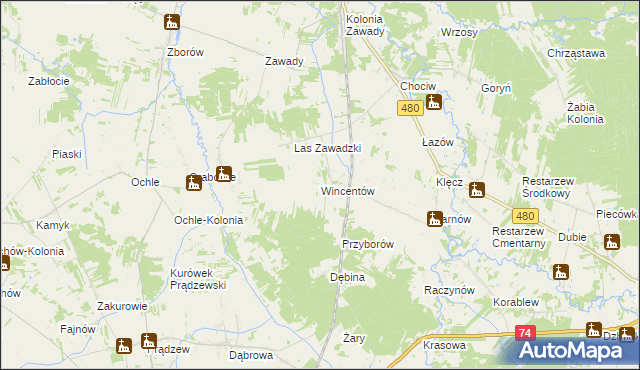 mapa Wincentów gmina Widawa, Wincentów gmina Widawa na mapie Targeo