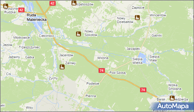 mapa Wiosna gmina Radoszyce, Wiosna gmina Radoszyce na mapie Targeo