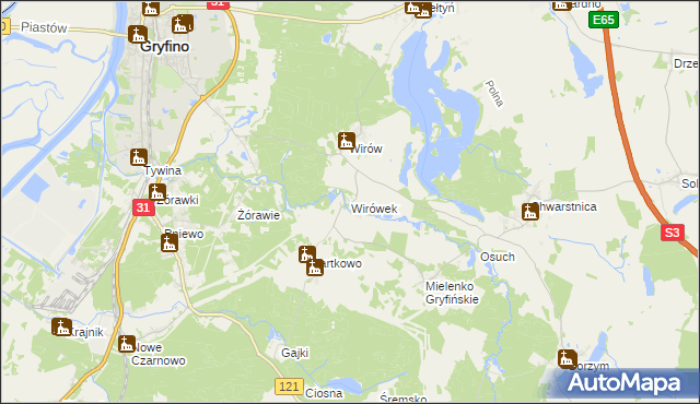 mapa Wirówek gmina Gryfino, Wirówek gmina Gryfino na mapie Targeo