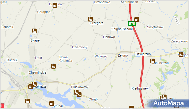 mapa Witkowo gmina Chełmża, Witkowo gmina Chełmża na mapie Targeo