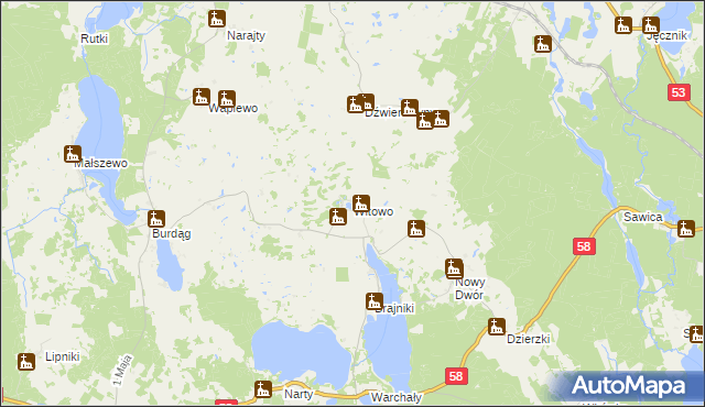 mapa Witowo gmina Jedwabno, Witowo gmina Jedwabno na mapie Targeo