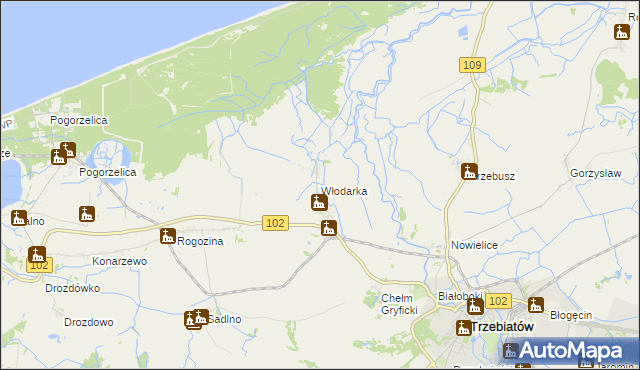 mapa Włodarka gmina Trzebiatów, Włodarka gmina Trzebiatów na mapie Targeo