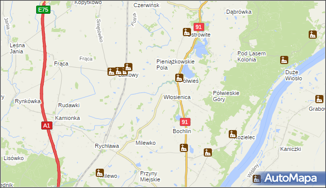 mapa Włosienica gmina Gniew, Włosienica gmina Gniew na mapie Targeo