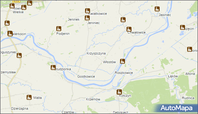 mapa Włostów gmina Bogdaniec, Włostów gmina Bogdaniec na mapie Targeo