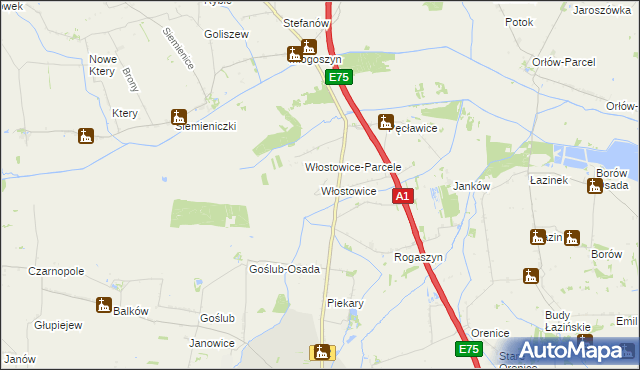 mapa Włostowice gmina Piątek, Włostowice gmina Piątek na mapie Targeo
