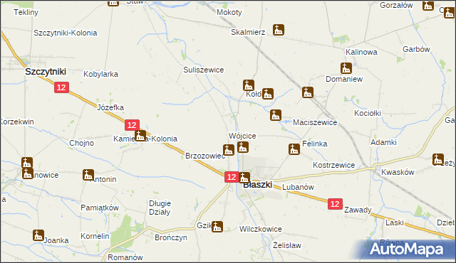 mapa Wójcice gmina Błaszki, Wójcice gmina Błaszki na mapie Targeo
