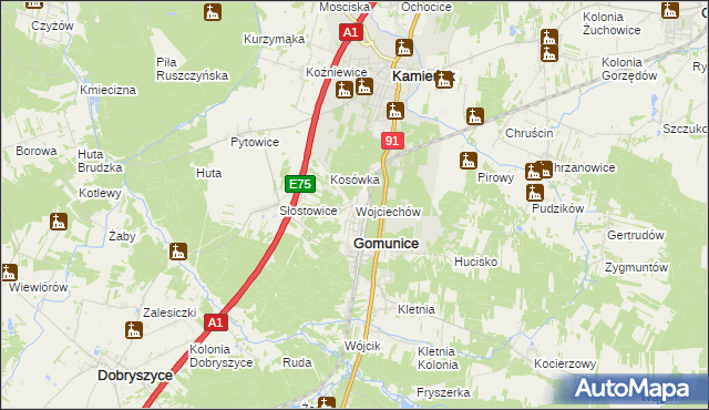 mapa Wojciechów gmina Gomunice, Wojciechów gmina Gomunice na mapie Targeo