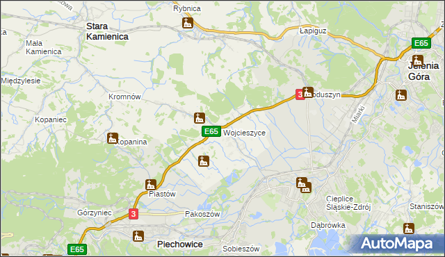 mapa Wojcieszyce gmina Stara Kamienica, Wojcieszyce gmina Stara Kamienica na mapie Targeo