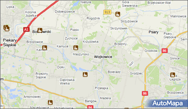 mapa Wojkowice powiat będziński, Wojkowice powiat będziński na mapie Targeo