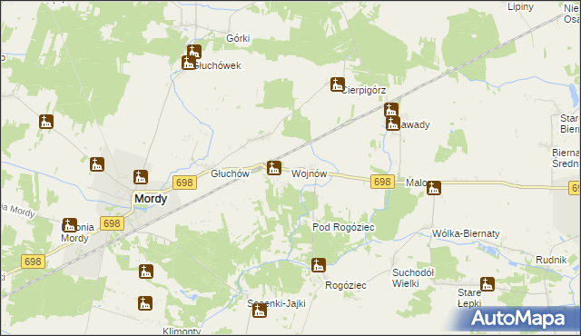 mapa Wojnów gmina Mordy, Wojnów gmina Mordy na mapie Targeo